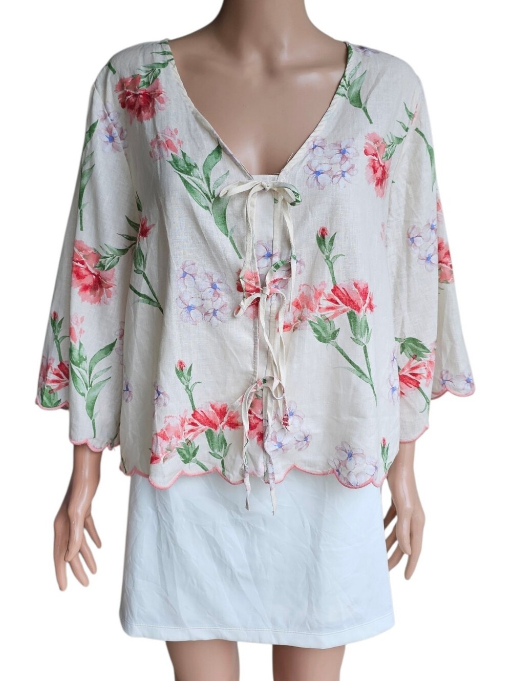 Laura Ashley Linen Blend Front Tie Peasant Blouse Scalloped Floral Carnation